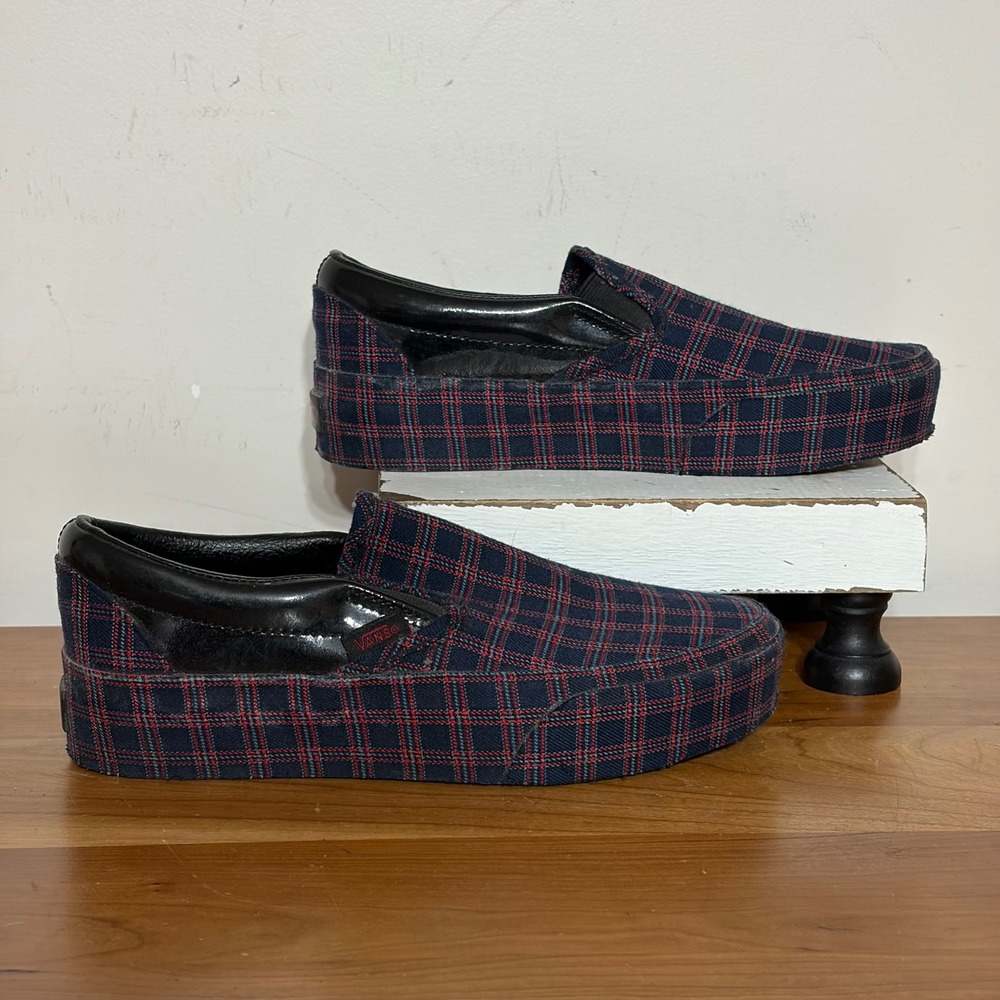 Vans Slip-On Platform Navy Red Plaid Sneakers Womens 6 Mens 4.5 Low Top Shoes